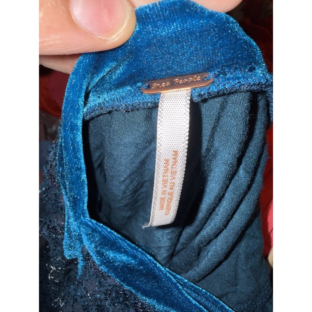 Free People Blue Lace Velvet Trim Fit & Flare Mini Dress Long Sleeve Open Back - Picture 8 of 10